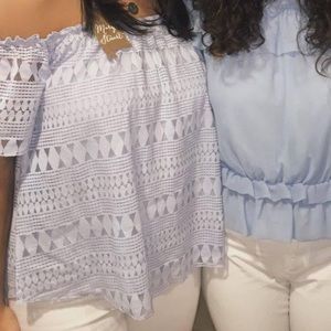 Off the shoulder eyelet baby blue top